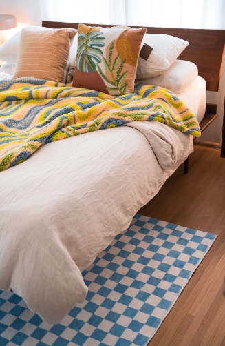LanySpace Baby Blue Checkered Rug in Bedroom